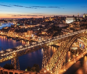 Świt, Most Ponte Luís I, Portugalia, Domy, Porto, Rzeka Duero