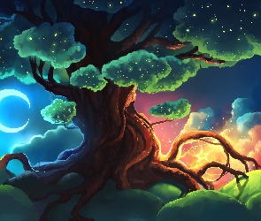 Drzewo, Gwiazdy, Digital Art, Chmura, Korzenie, Księżyc