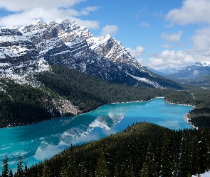 Jezioro Peyto Lake, Drzewa, Park Narodowy Banff, Las, Prowincja Alberta, Góry, Kanada, Chmury