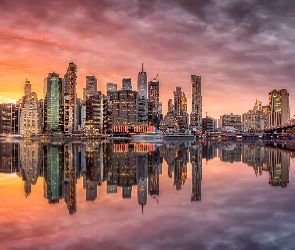 Nowy Jork, Nowy Jork, Rzeka, Stany Zjednoczone, Cieśnina East River, Brooklyn Bridge, Zachód słońca, Wieżowce, Most Brookliński