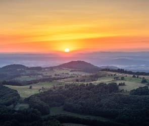 Zachód słońca, Niemcy, Wzgórza, Lasy, Góry Rhon
