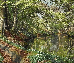 Drzewa, Kwiaty, Obraz, Rzeka, Zawilce, Peder Mork Monsted, Malarstwo, Droga, Las, Pejzaż, Wiosna