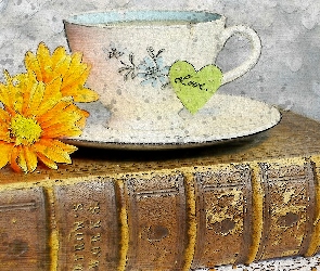 Love, Napis, Kwiaty, Grafika, Serduszko, Książka, Filiżanka