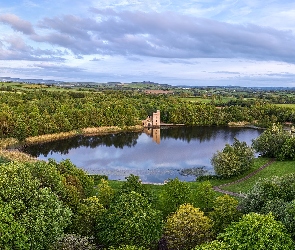 Budowla, Park Oakfield, Irlandia, Drzewa, Chmury, Hrabstwo Donegal, Jezioro