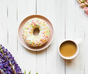 Donut, Kwiat, Pączek, Kawa, Białe, Kubek, Deski, Łubin