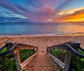 Plaża, Chmury, Zachód słońca, Morze, Schody