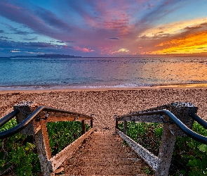 Plaża, Chmury, Zachód słońca, Morze, Schody