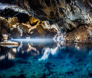 Jaskinia Grjotagja, Islandia, Skały, Woda, Odbicie