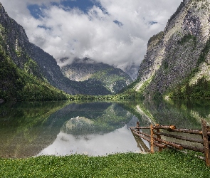 Bawaria, Park Narodowy Berchtesgaden, Góry Alpy, Niemcy, Płot, Jezioro Obersee, Drewniany