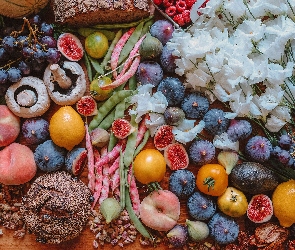Owoce, Kwiaty, Cebula, Białe, Warzywa, Brzoskwinie, Cytryny, Fasola, Winogrona, Grzyby, Chleb, Eustoma, Kiwi