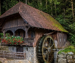Las, Płot, Okna, Drzewa, Kwiaty, Młyn wodny, Balkon