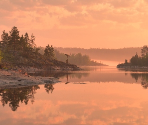 Jezioro Ładoga, Skały, Rosja, Odbicie, Republika Karelii, Drzewa