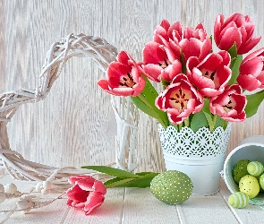 Biały, Pisanki, Tulipany, Wiaderko, Serce, Wazon, Wielkanoc, Wiklinowe