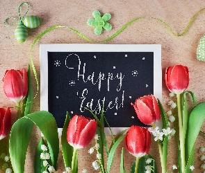 Wielkanoc, Serce, Happy Easter, Jajeczka, Zawieszka, Napis, Tulipany, Konwalie, Tablica