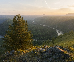 Wzgórza, Zakole, Góry, Rzeka, Drzewo, Las, Skałki, Meander