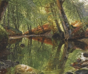 Kamienie, Drzewa, Las, Trawa, Peder Mork Monsted, Malarstwo, Pejzaż, Wiosna, Obraz, Rzeka