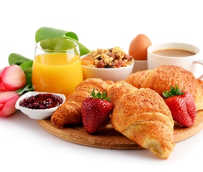 Truskawki, Musli, Kawa, Tulipany, Rogale, Śniadanie, Sok