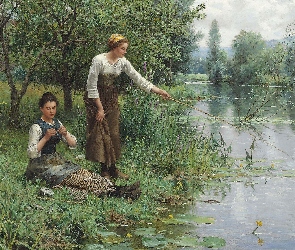 Łowienie, Rzeka, Kobiety, Daniel Ridgway Knight, Malarstwo, Wędka, Obraz, Szuwary