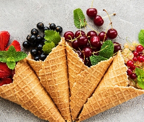 Tło, Mięta, Truskawki, Szare, Waflowe, Rożki, Owoce, Wiśnie, Trzy, Porzeczki