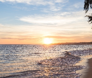 Brzeg, Plaża, Morze, Zachód słońca