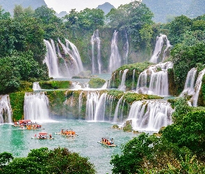 Wietnam, Cao Bang, Łodzie, Wodospad Ban Gioc Waterfall, Jezioro, Rzeka
