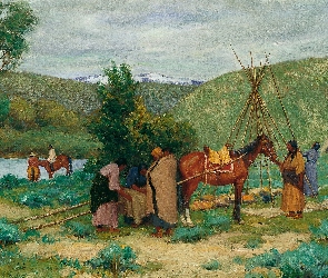 Wzgórza, Obraz, Szałas, Joseph Henry Sharp, Malarstwo, Obóz, Rzeka, Drzewa, Indianie