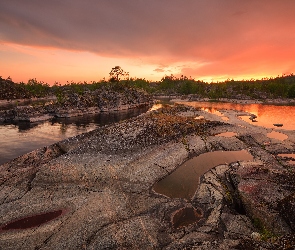 Rosja, Karelia, Jezioro Ładoga, Zachód słońca, Skały, Drzewa