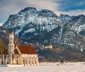 Alpy, Góry, Niemcy, Zima, Region Allgau, Bawaria, Kościół Eglise Saint Coloman