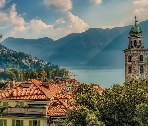 Góry, Kanton Ticino, Szwajcaria, Jezioro Lugano, Alpy Szwajcarskie, Wieża, Domy, Drzewa, Dachy, Chmury, Katedra św. Wawrzyńca, Lugano