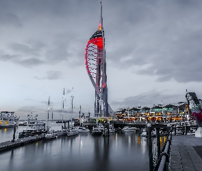 Spinnaker Tower, Motorówki, Wieża widokowa, Statki, Hrabstwo Hampshire, Port, Anglia, Portsmouth