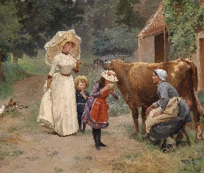 Gospodarstwo, Dzieci, Kobiety, Krowa, Emile Charles Dameron, Obraz, Wioska, Domy, Malarstwo, Droga