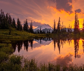 Jezioro Tipsoo, Góry, Park Narodowy Mount Rainier, Zachód Słońca, Stan Waszyngton, Drzewa, Stany Zjednoczone, Stratowulkan Mount Rainier