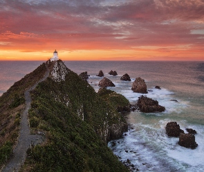 Droga, Ocean Spokojny, Wzgórze, Morze, Region Otago, Latarnia morska Nugget Point, Nowa Zelandia, Skały