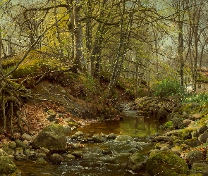 Peder Mork Monsted, Malarstwo, Domy, Drzewa, Rzeka, Kamienie, Las