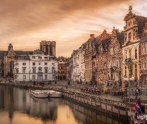 Kanał, Domy, Zachód słońca, Belgia, Łodzie, Most, Gandawa, Rzeka Leie