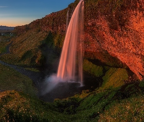 Góry, Skały, Islandia, Rzeka Seljalandsa, Zachód słońca, Wodospad Seljalandsfoss