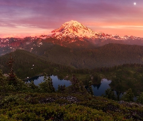 Las, Zachód słońca, Góra Tolmie Peak, Góry, Stany Zjednoczone, Park Narodowy Mount Rainier, Księżyc, Stan Waszyngton, Jezioro