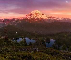 Góry, Stan Waszyngton, Księżyc, Stany Zjednoczone, Park Narodowy Mount Rainier, Zachód słońca, Góra Tolmie Peak, Las, Jezioro
