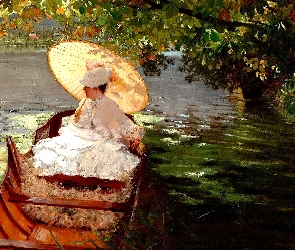 Giuseppe de Nittis, Malarstwo, Łódka, Parasol, Jezioro, Drzewo, Kobieta