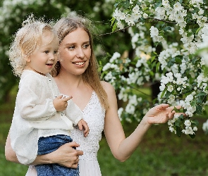 Mama, Drzewo owocowe, Gałązki, Dziecko, Kobieta