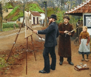 Dzieci, Obraz, Mężczyźni, Hans Andersen Bradekilde, Malarstwo, Droga, Lauritz Andersen Ring, Malujący, Sztaluga, Wieś