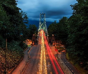 Lions Gate Bridge, Most, Kanada, Światła, Drzewa, Vancouver, Noc
