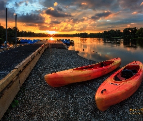 Przystań, Zachód słońca, Kanada, Jezioro Deer, Deer Lake Park, Burnaby, Kajaki