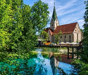 Klasztor, Kościół, Niemcy, Drzewa, Blaubeuren, Badenia-Wirtembergia, Staw