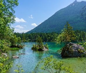 Jezioro, Drzewa, Skały, Las, Góry