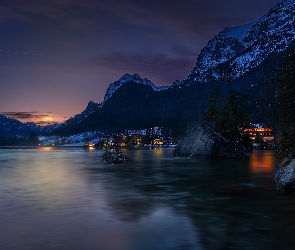 Bawaria, Alpy, Zachód słońca, Niemcy, Góry, Jezioro Hintersee, Domy