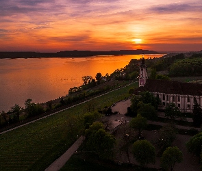 Kościół, Bazylika Birnau, Niemcy, Zachód słońca, Uhldingen-Muhlhofen, Jezioro Bodeńskie