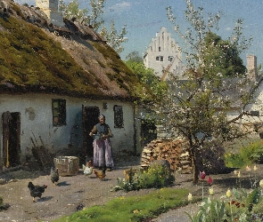 Wiejska, Malarstwo, Kobieta, Kwiaty, Chata, Wieś, Peder Mork Monsted, Wiosna, Kury, Drzewo, Kwitnące, Obraz, Dom