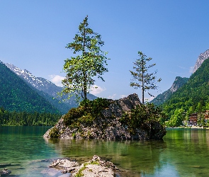 Skały, Góry Alpy, Jezioro Hintersee, Niemcy, Gmina Berchtesgadener, Kamienie, Bawaria, Drzewa