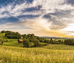 Chmury, Wschód słońca, Łąka, Wzgórza, Domy, Drzewa